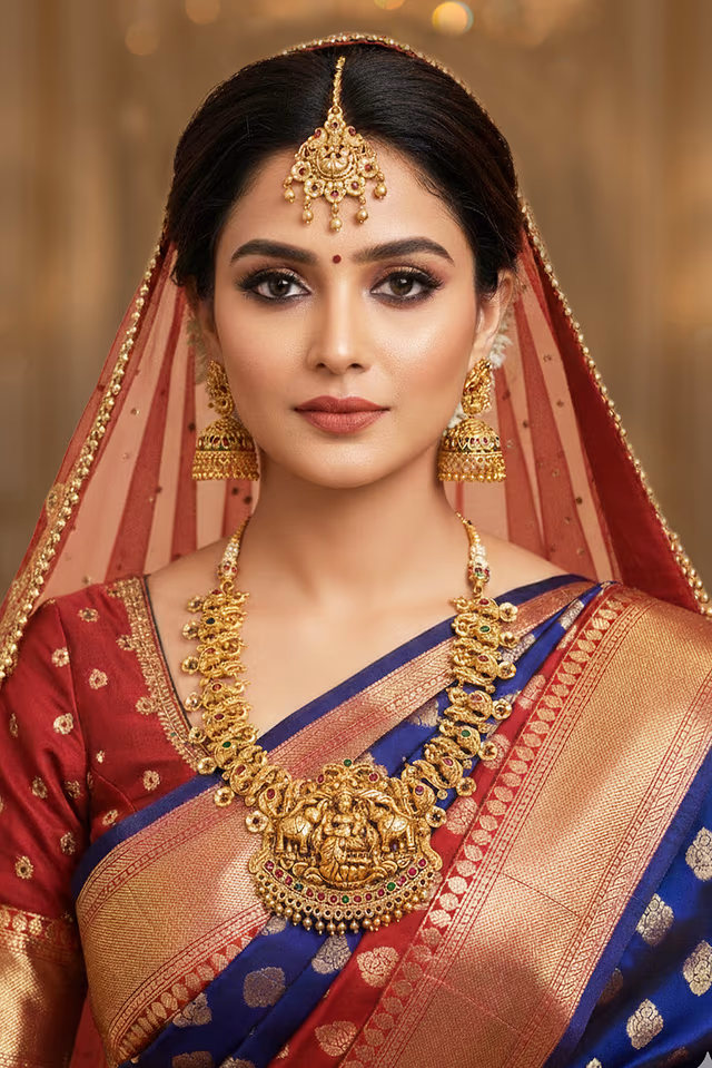 Splendorous Temple Necklace Adds Traditional Warmth And Majestic Craftsmanship Perfect For… — back view, rent in Calicut