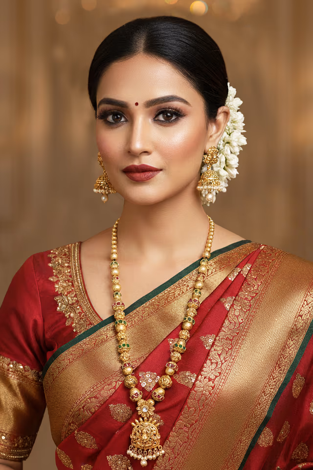 Elegant Temple Design Necklace Brings Heritage Luxury Through Ornate Patterns Enhancing Bridal Sarees… — rent in Calicut