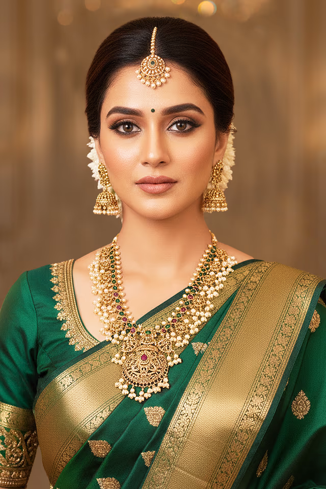 Elegant Temple Inspired Necklace Highlights Classic Heritage Elements Bringing Radiant… — back view, rent in Calicut
