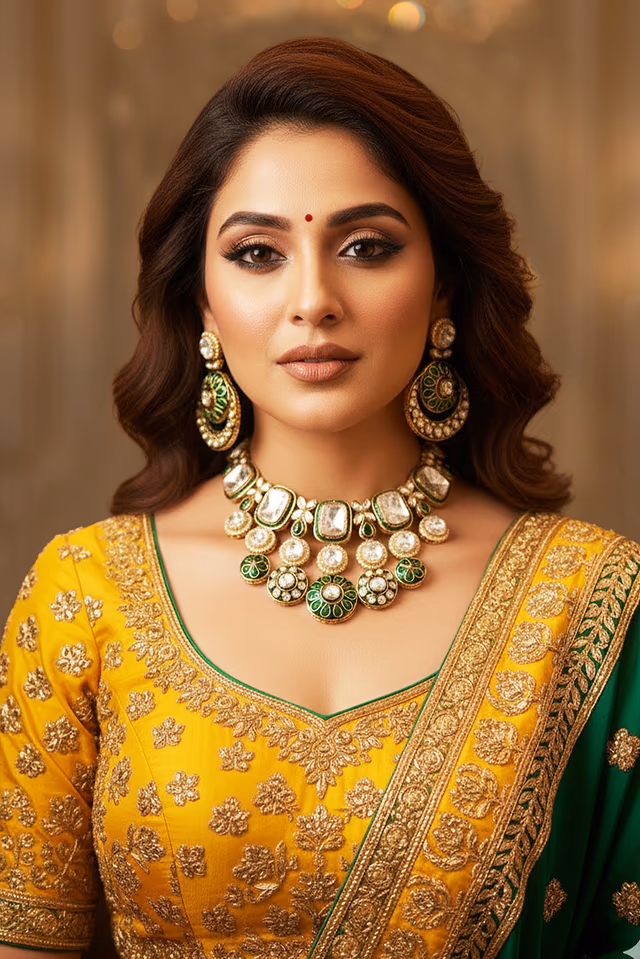 Textured Gold Setting Beautifully Encasing Light Green Cat's Eye Stones — rent in Calicut