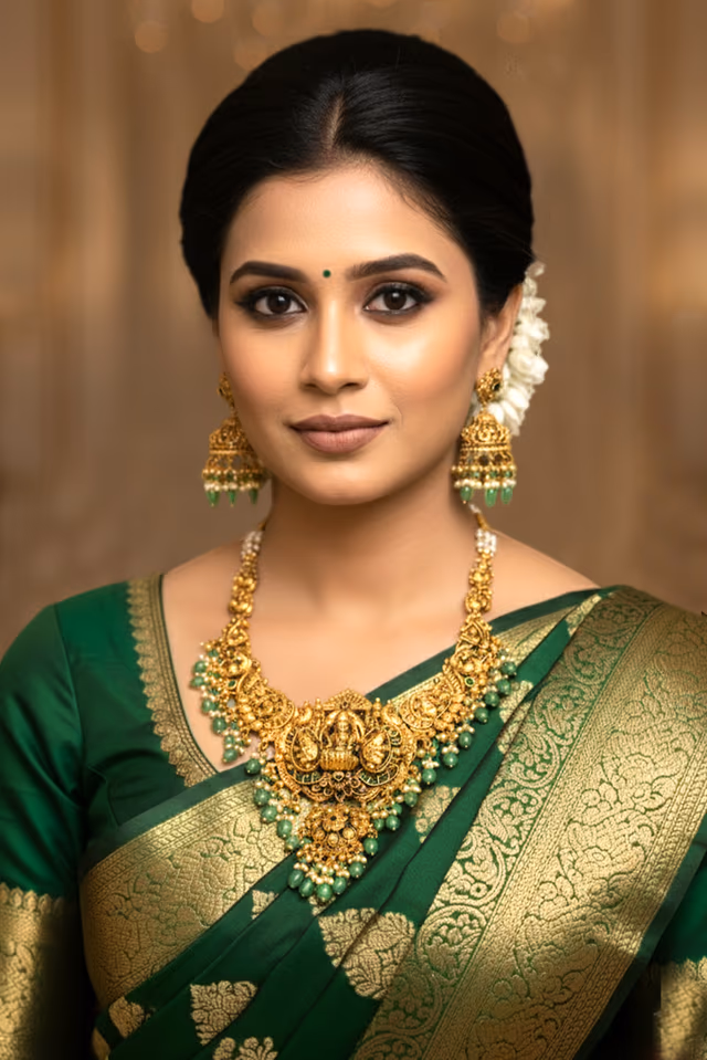 Timeless Green And Golden Bridal Temple Jewelry Set With Embossed Goddess Lakshmi Pendants — rent in Coimbatore