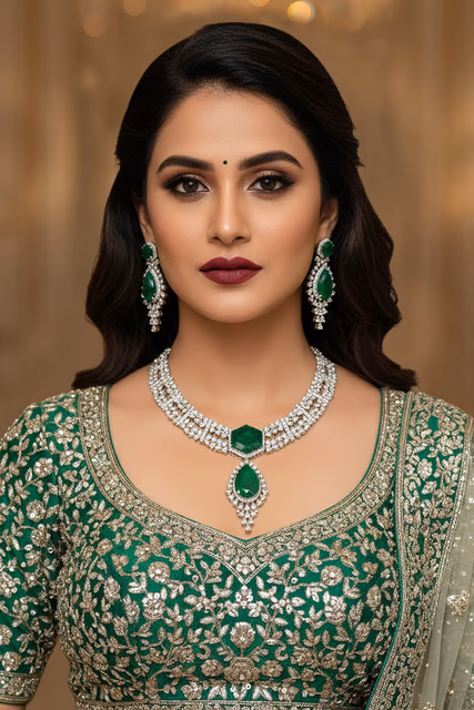 Timeless Silver Plated Necklace Design Enhanced With Sparkling Clear Stones And Green Hues — rent in Bangalore