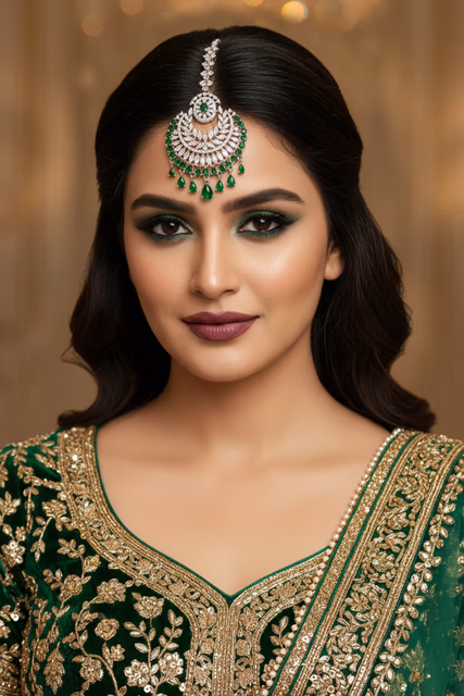 Timeless Silver Plated Necklace Design Enhanced With Sparkling Clear Stones And Green Hues — back view, rent in Bangalore