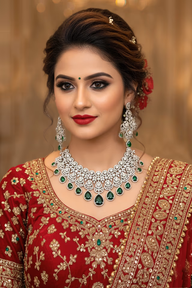 Unique Waterfall Design Necklace Highlighting Large Green Cabochons. — rent in Coimbatore