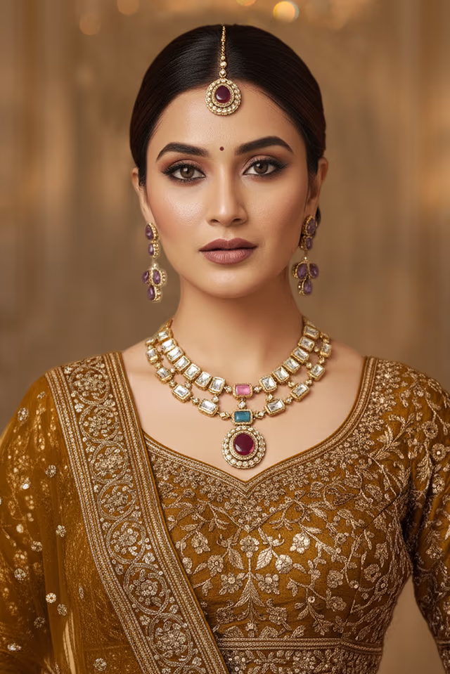 Beautiful Wedding Necklace Featuring Cascading White Hued Drops And A Maroon Stone Center Pendant — rent in Calicut