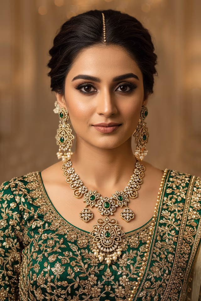 White Stone And Emarald Green Stone Bridal Set — rent in Coimbatore