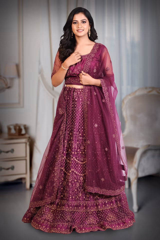 Grape Wine Pre Wedding Lehenga With Stone Work And Threadwork Details Along With Same Color Dupatta — rent in Calicut
