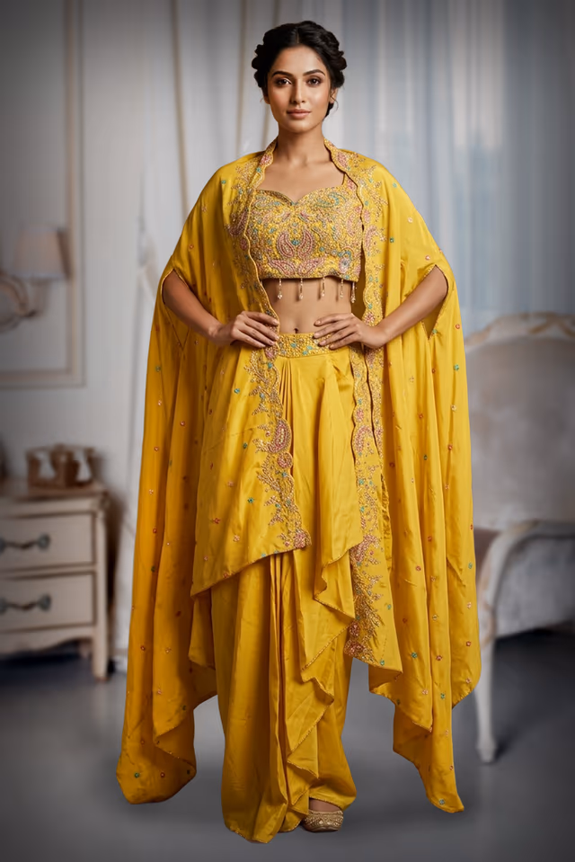 Mustard Indo-Western Plain Skirt with Heavy Floral Blouse and Elegant Cape — back view, rent in Bangalore