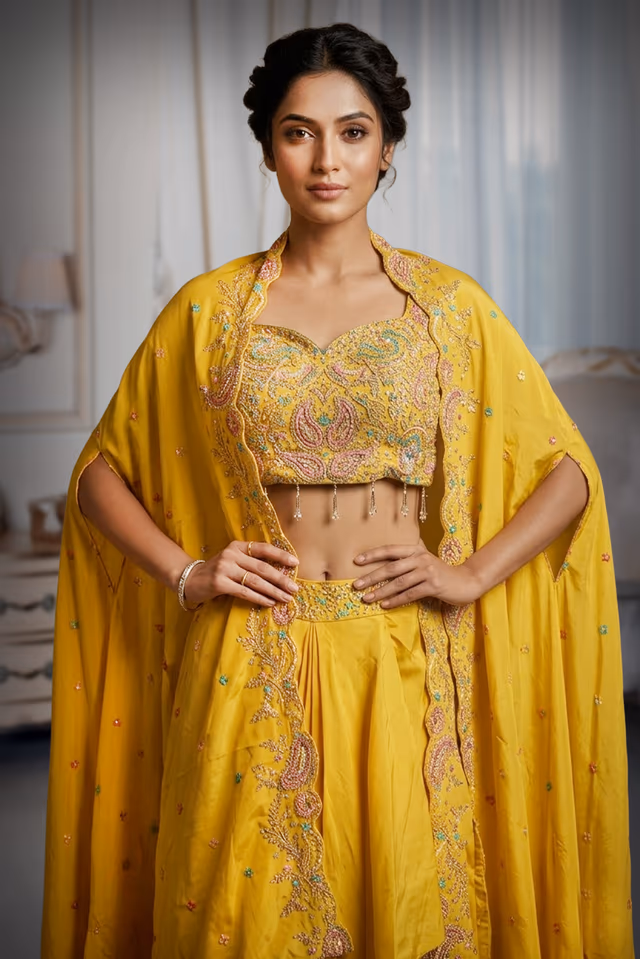 Mustard Indo-Western Plain Skirt with Heavy Floral Blouse and Elegant Cape — rent in Bangalore