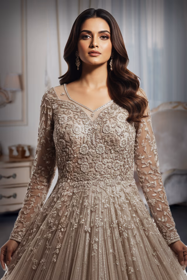 Almond Beige Anarkali Features Intricate Sequin Embellishments Detailed Embroidery And A Matching Sheer… — rent in Calicut