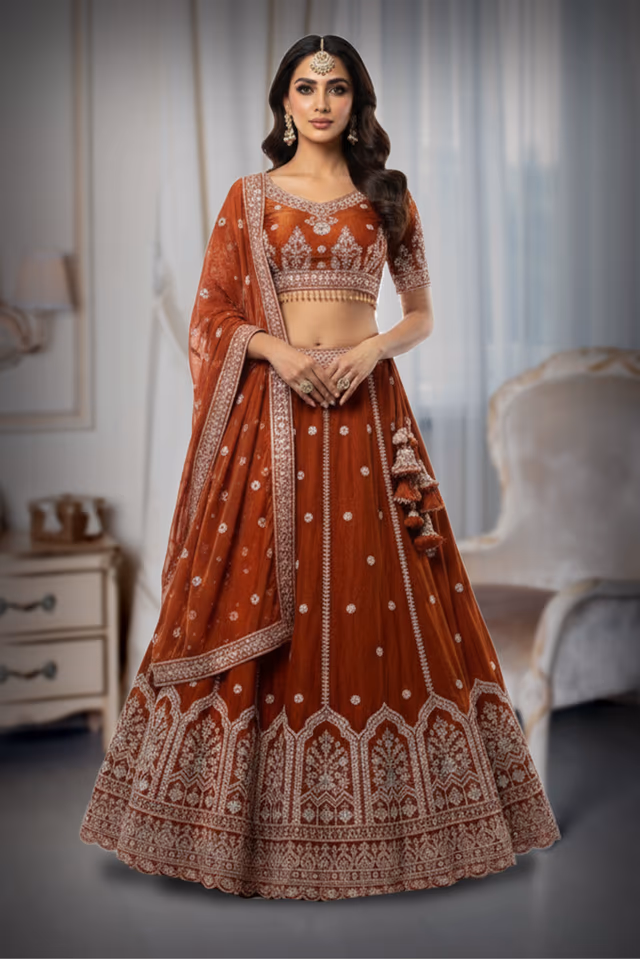 Burnt Orange Handworked Bridal Lehenga With Intricate Embroidered Crop Top And Threadworked… — back view, rent in Calicut