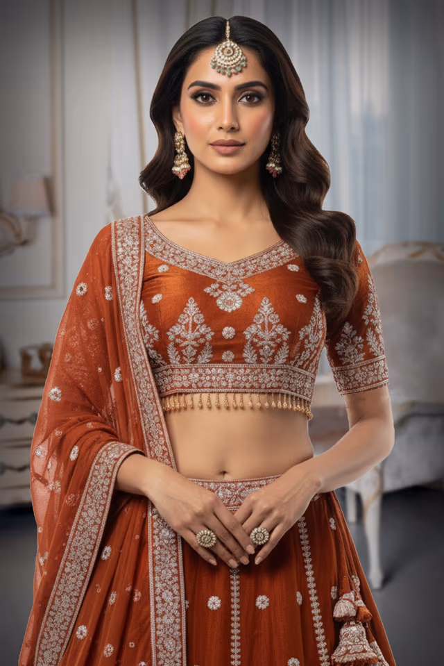 Burnt Orange Handworked Bridal Lehenga With Intricate Embroidered Crop Top And Threadworked Dupatta — rent in Calicut