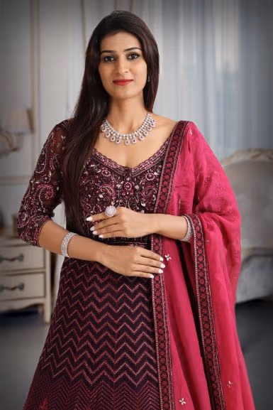 Dark wine colour pure fabric gown with heavy threadwork  with majentha pink dupatta — rent in Bangalore