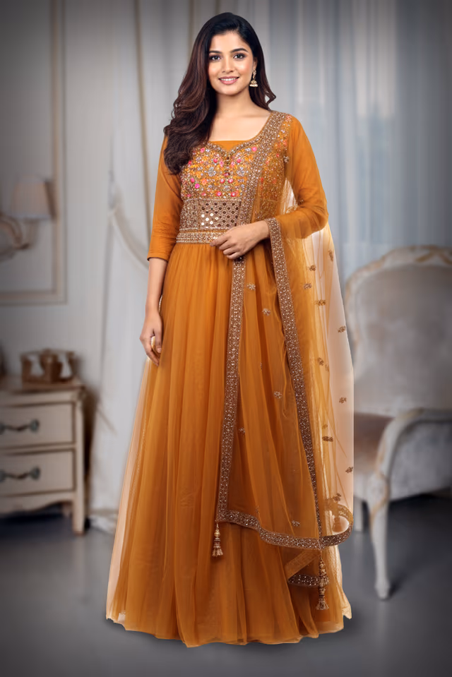 Dark Yellow Haldi Gown With Intricate Stone Work Details Along With Same Color Dupatta — back view, rent in Calicut