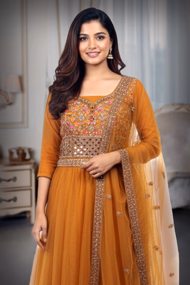 Dark Yellow Haldi Gown With Intricate Stone Work Details Along With Same Color Dupatta — rent in Calicut