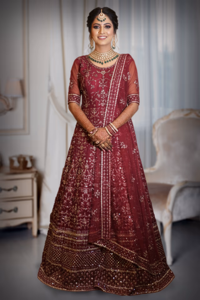 Designer Embroidered Anarkali Gown with Dupatta — back view, rent in Kochi
