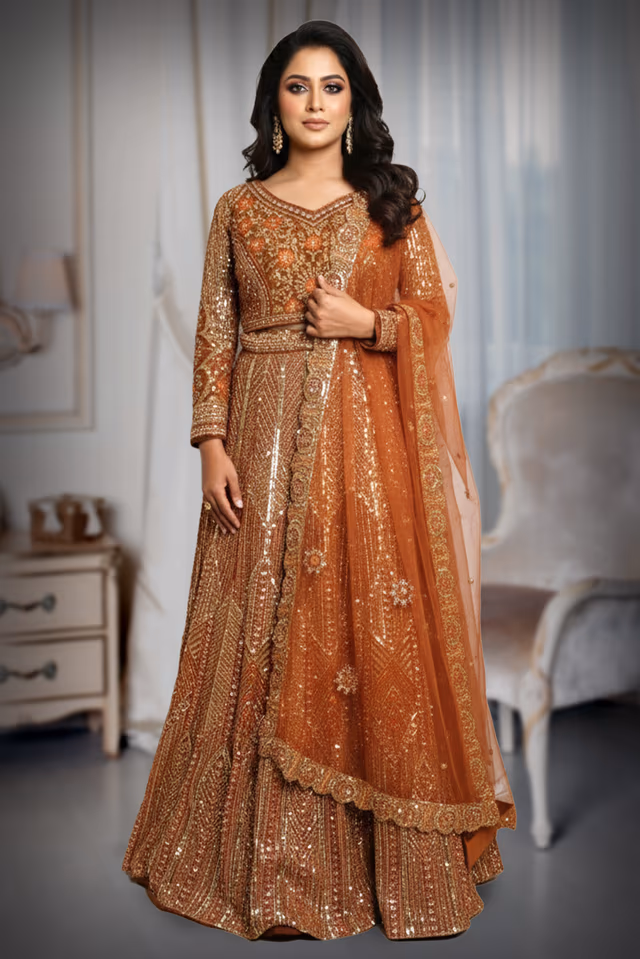 Exquisite Rust Orange Anarkali Features Intricate Sequin Embellishments Detailed Embroidery… — back view, rent in Calicut