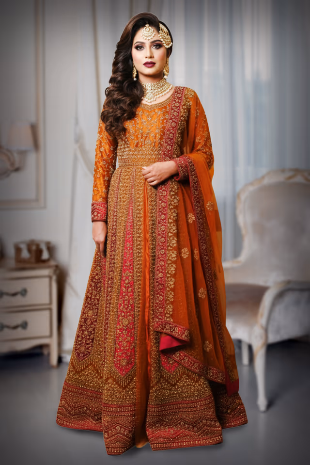 Golden Anarkali Gown Shimmers With Heavy Beadwork And Intricate Design Details — back view, rent in Calicut