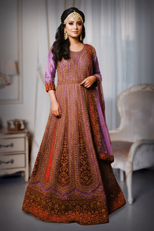 A Regal Lavender Outfit Designed With Dense Sequin Work For Special Occasions — back view, rent in Calicut