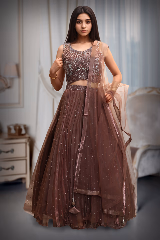 Rusty Brown Pre Wedding Lehenga With Uniform Stone Worked Skirt, Exquisite Stoneworked Crop Top… — back view, rent in Kochi