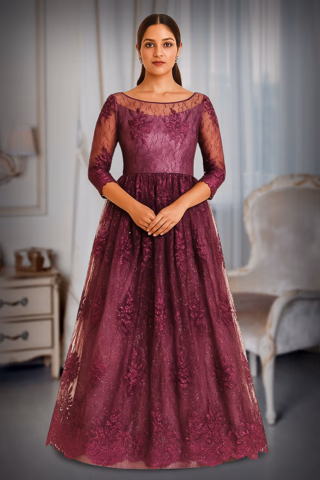 Semi bridal purple gown — back view, rent in Coimbatore