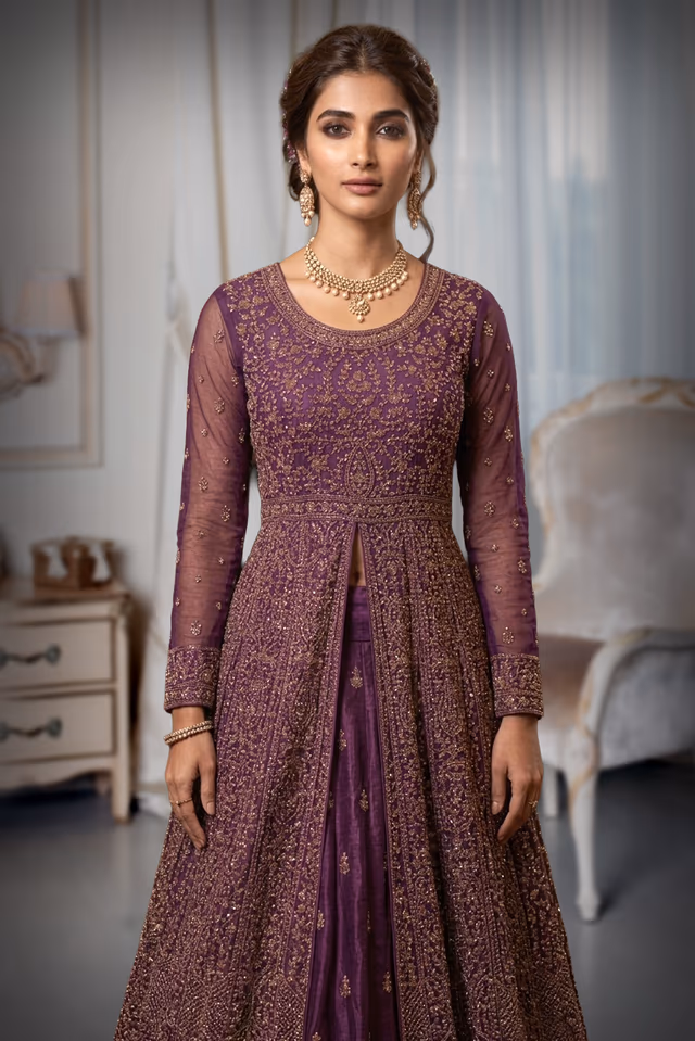 Wine Color Net Wedding Gown With Threadwork And Stonework Details All Over The Gown — rent in Calicut