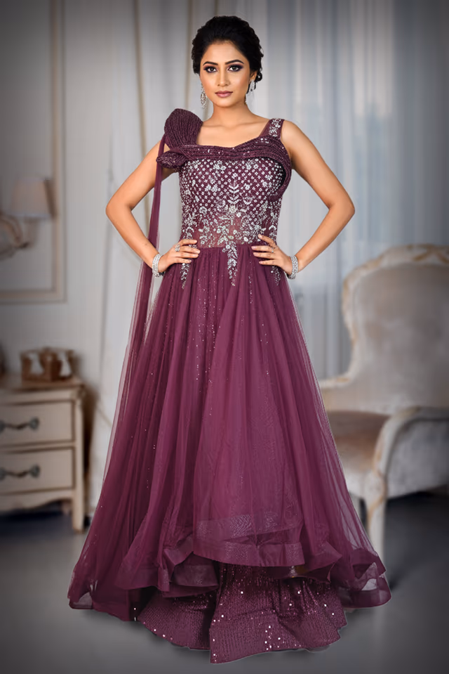 Wine-Purple Designer Evening Gown — back view, rent in Bangalore