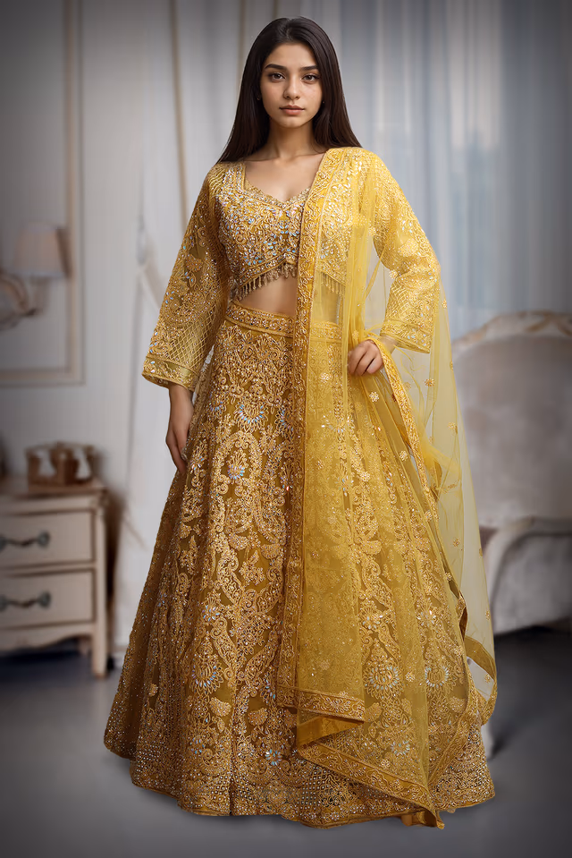 Yellow Color Lehenga With Intricate Stone Work And Threadwork Details — back view, rent in Kochi