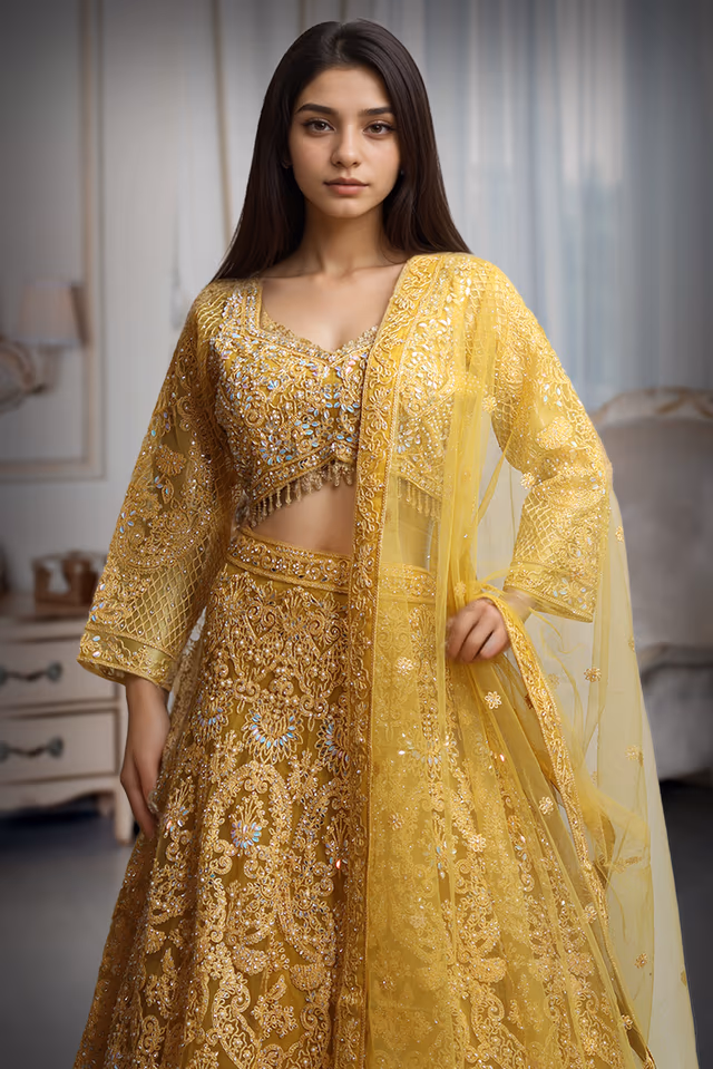 Yellow Color Lehenga With Intricate Stone Work And Threadwork Details — rent in Kochi