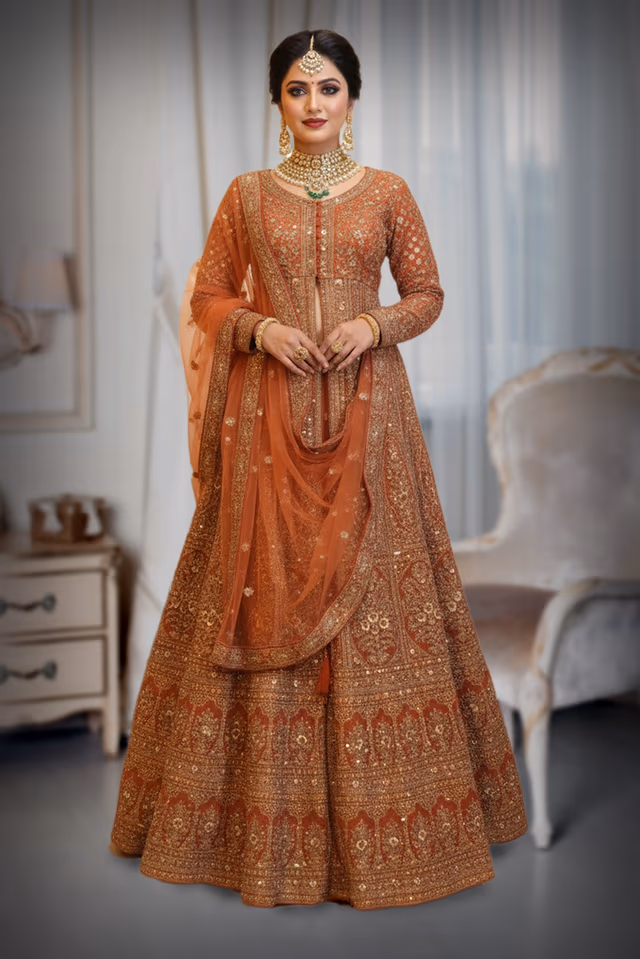 Heavy Zari Embroidered Arabic Lehenga  with Dupatta — back view, rent in Kochi