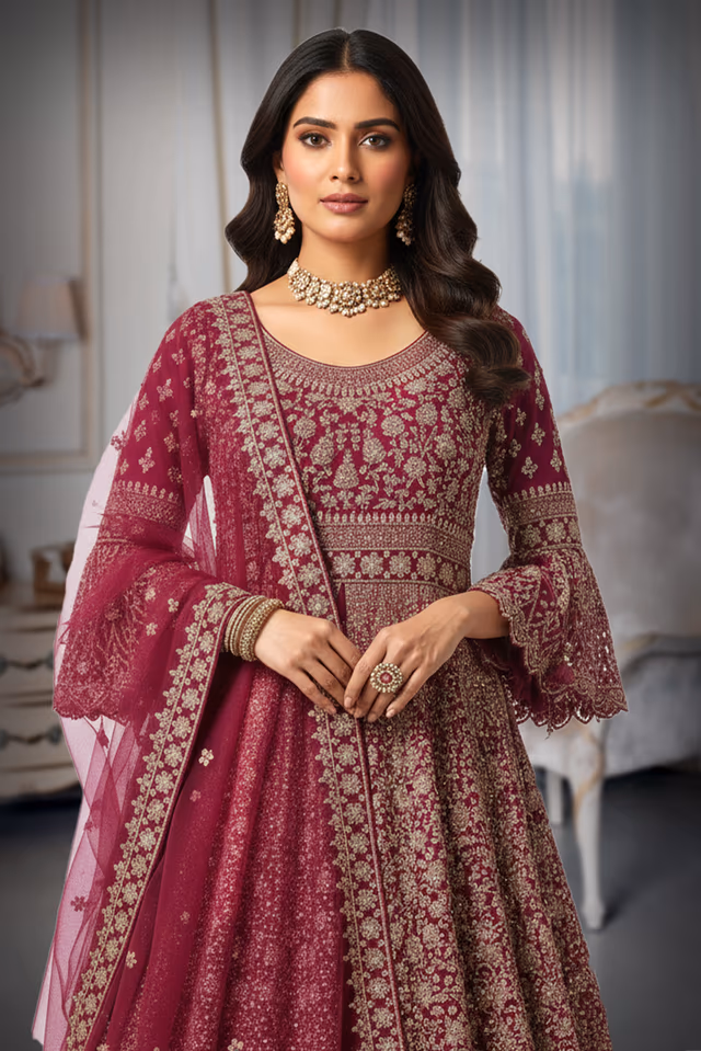 Heavy Zari Work Magenta Anarkali Gown with Net Dupatta & Embellished Border — rent in Ernakulam