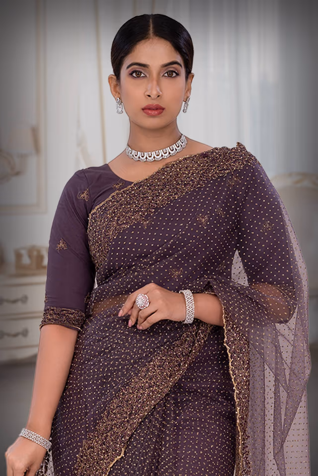 Purple  Net  Saree — rent in Calicut