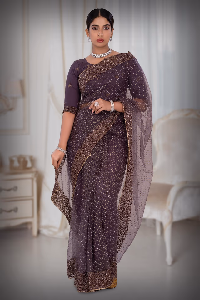 Purple  Net  Saree — back view, rent in Calicut