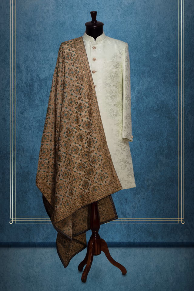 Beige colour Heavy Detailed Grooms Shawl With Traditional Motif — rent in Calicut