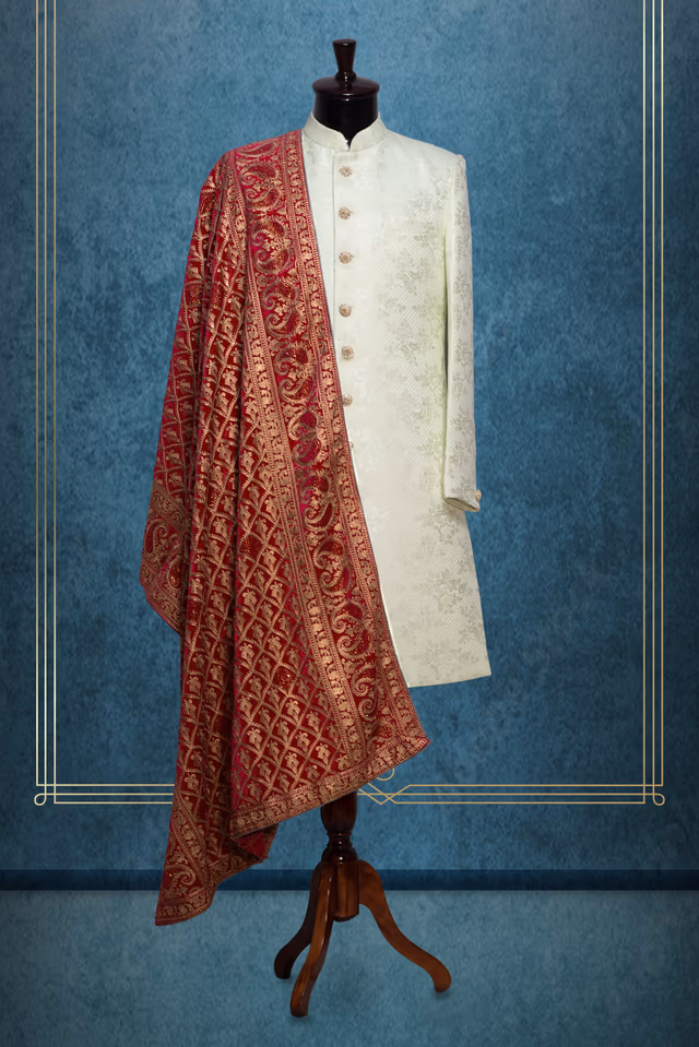 Mauve Pink Chikankari worked Transparent Grooms Shawl — rent in Calicut
