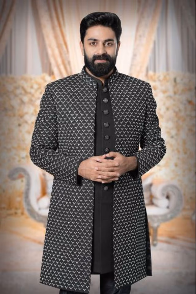 Black Sherwani — back view, rent in Calicut