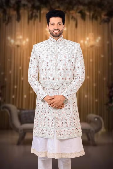 White Dupion Silk Sherwani — back view, rent in Calicut