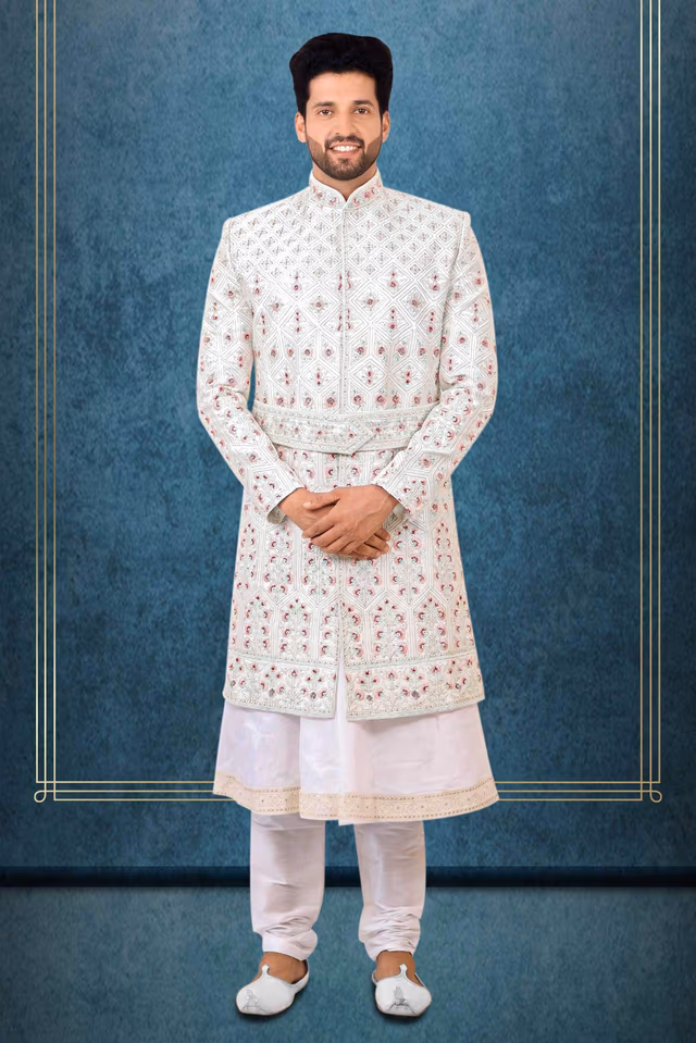 White Dupion Silk Sherwani — rent in Calicut