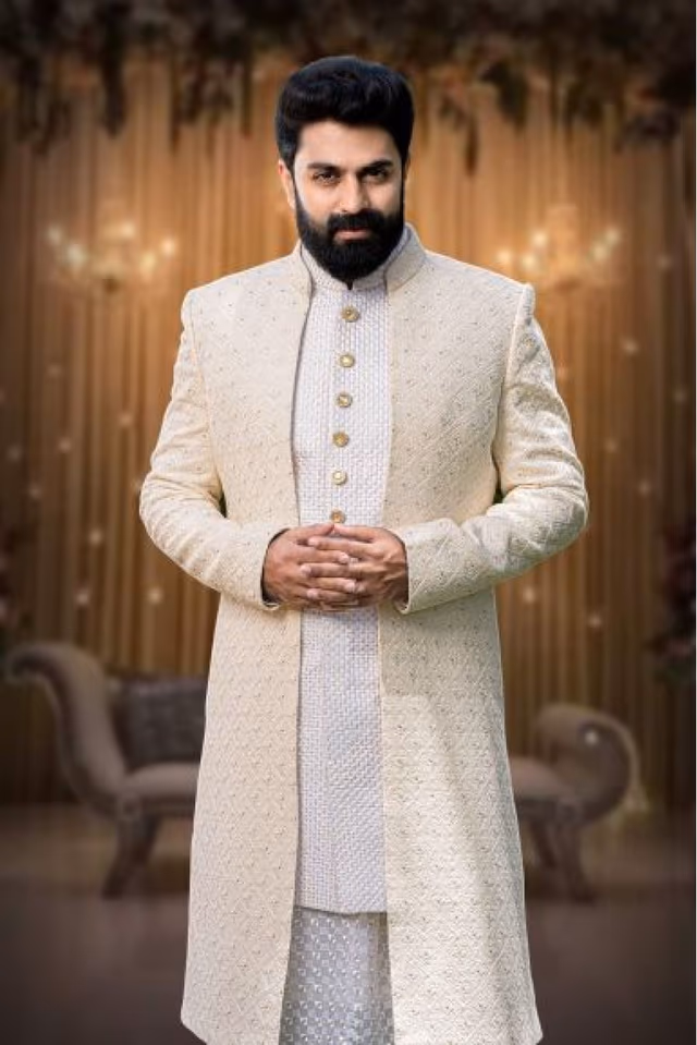 White And Off-White Jacquard Sherwani — back view, rent in Coimbatore