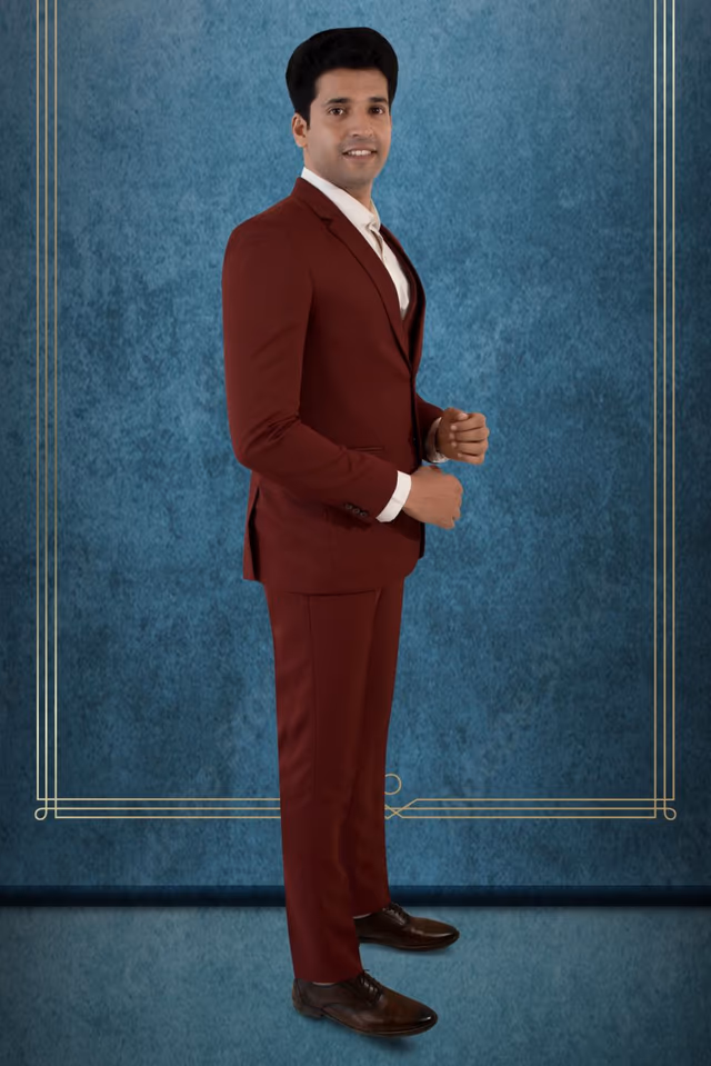 Brick red Suit — back view, rent in Kochi