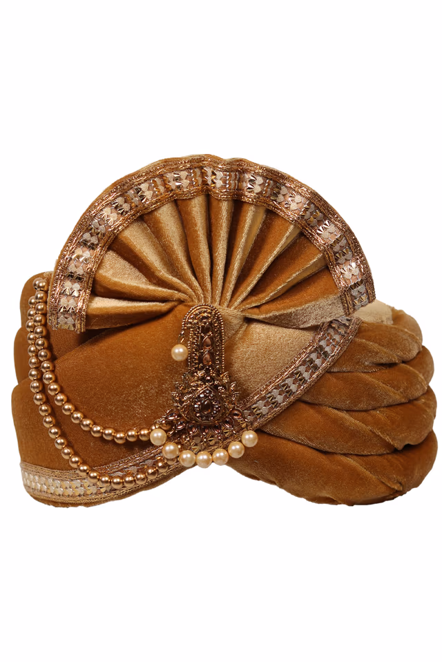 Dark Golden Brown Velvet Plain Turban With Golden Border Detailing — rent in Coimbatore