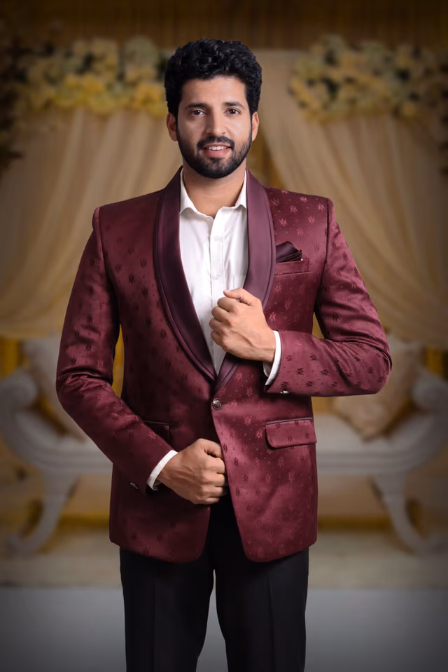 Wine Silky Jacquard Noble Blazer — back view, rent in Bangalore