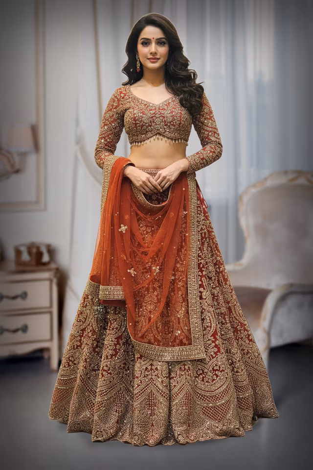 Ornate Rust-Orange Heavily Embellished Zardosi Bridal Lehenga Choli Set — rent in Kochi