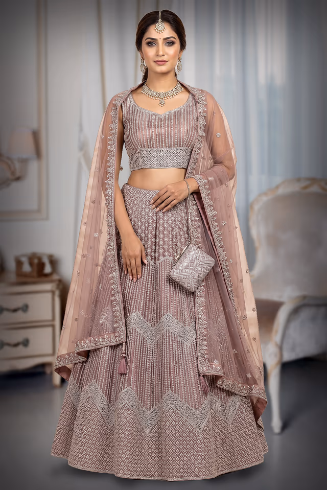 Burnt Mauve Heavy Stone Worked Bridal Lehenga — back view, rent in Ernakulam