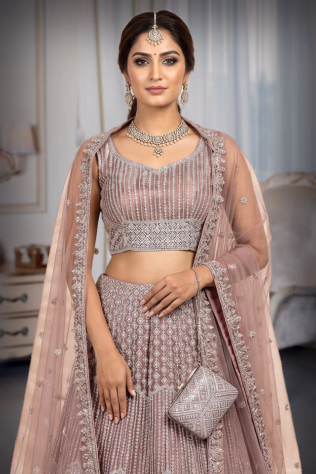 Burnt Mauve Heavy Stone Worked Bridal Lehenga — rent in Ernakulam