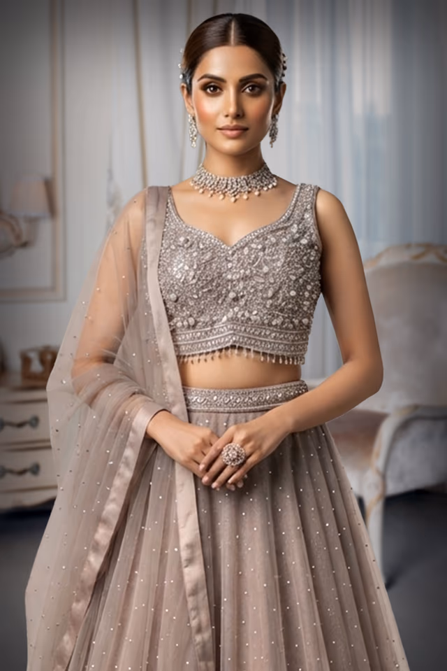 Champagne Beige Blush Lehenga With Silver Floral Embroidery — rent in Calicut