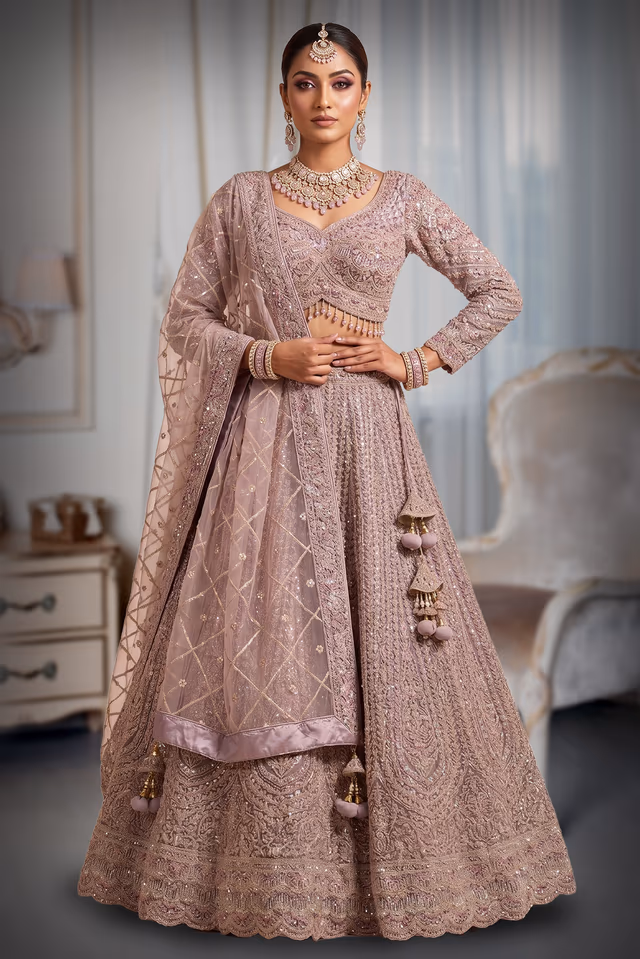 Champagne Embroidered Bridal Lehenga — back view, rent in Coimbatore