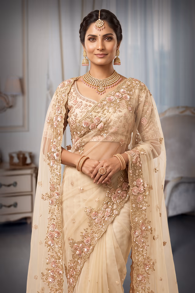 Champagne Gold & Blush Pink 3D Floral Appliqué Embellished Net Saree with Heavy Sleeveless Blouse — rent in Edappally