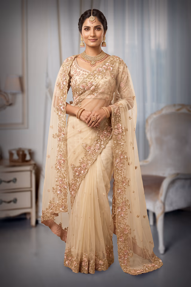 Champagne Gold & Blush Pink 3D Floral Appliqué Embellished Net Saree with Heavy Sleeveless… — back view, rent in Edappally