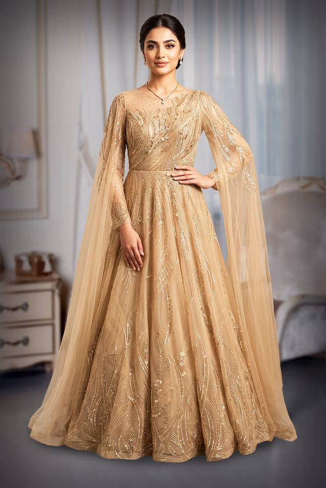 Champagne Gold Gown With Cape Sleeve — back view, rent in Calicut